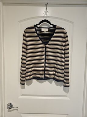 St John Sport Striped V-Neck Button Cardigan in Navy and Cream #900